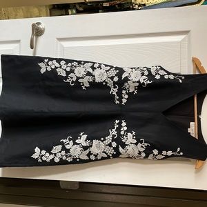 Black linen dress with white floral embroidery
